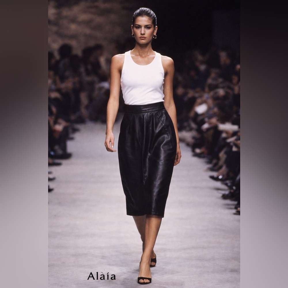 Rare Azzedine Alaia Vintage S/S 1992 Black Leather Ruffle Pencil Skirt 42